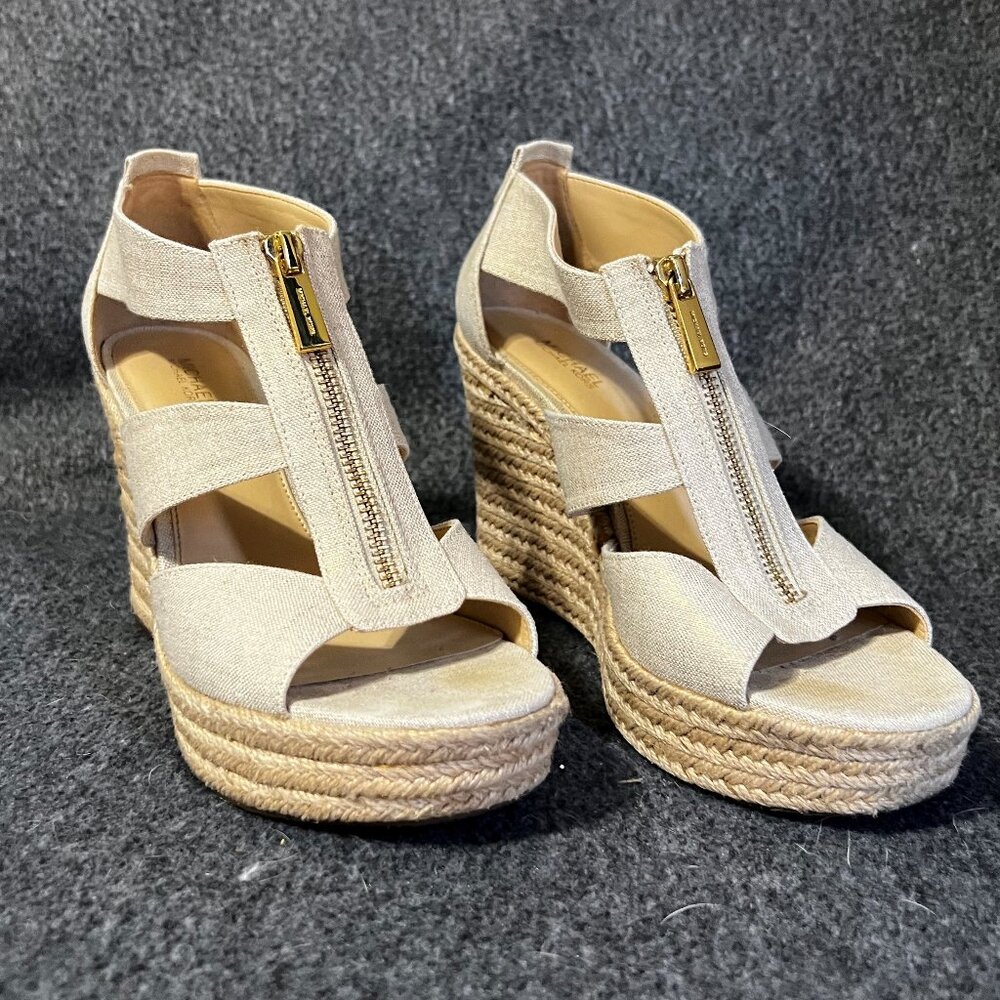 Michael Michael Kors Beige Linen Berkley Zipper Wedge Sandal Size 7.5M